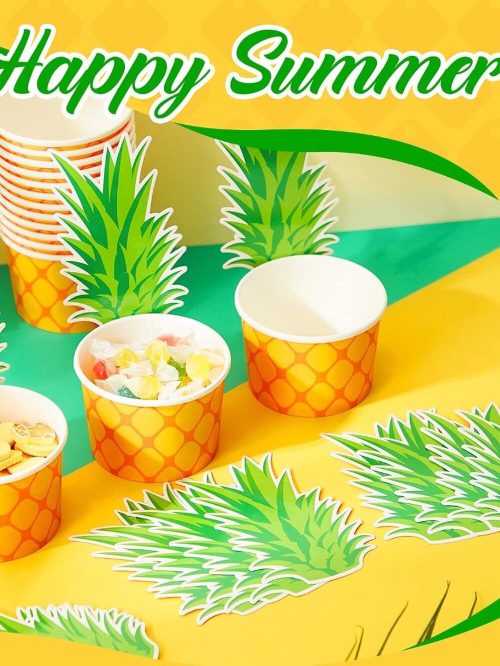 24 Sets 8 oz Pineapple Paper Cups Disposable Gold Tropical Fruit Cups
